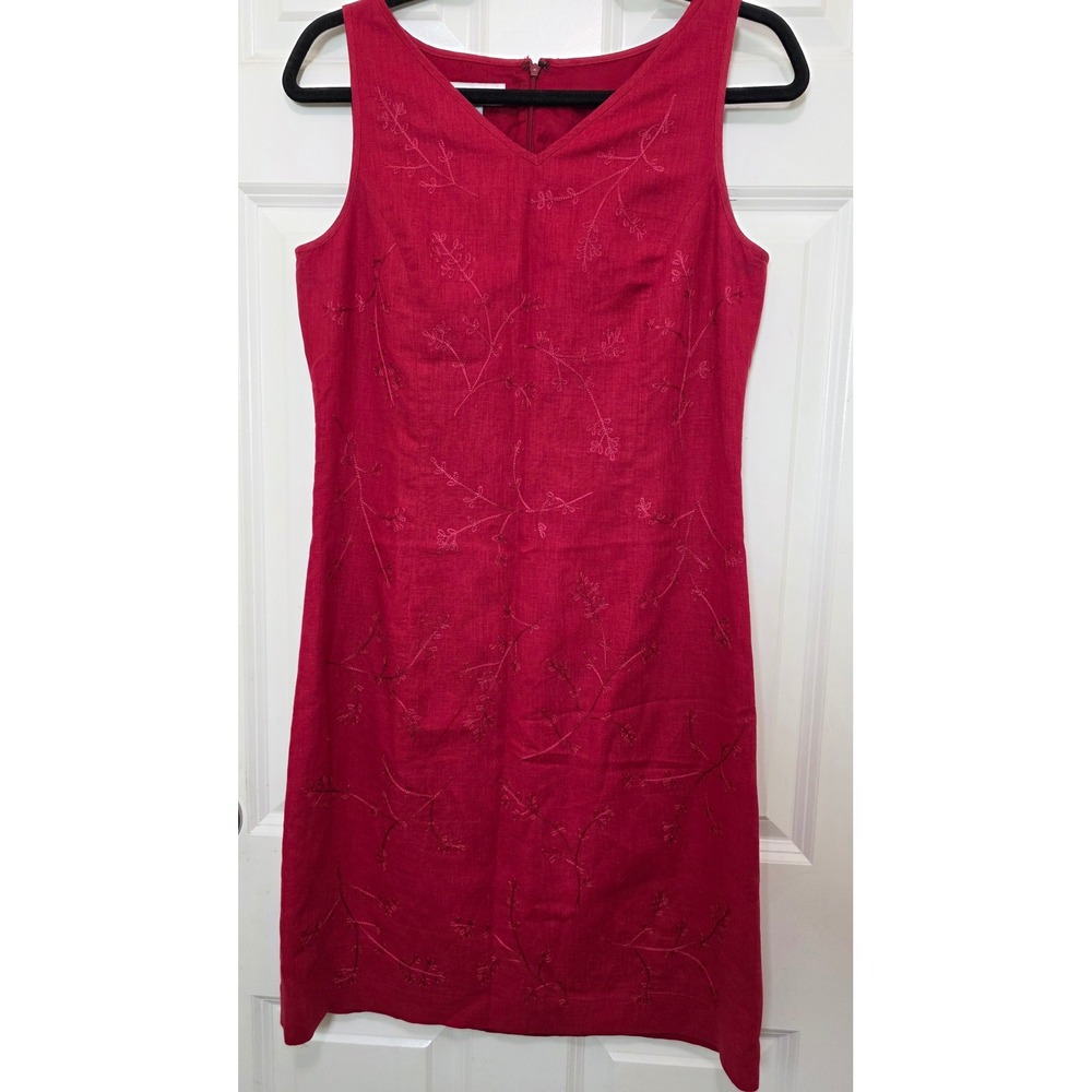 Alfani Embroidered Linen Blend Shift Dress Womens 8 Red V-Neck Floral Cocktail